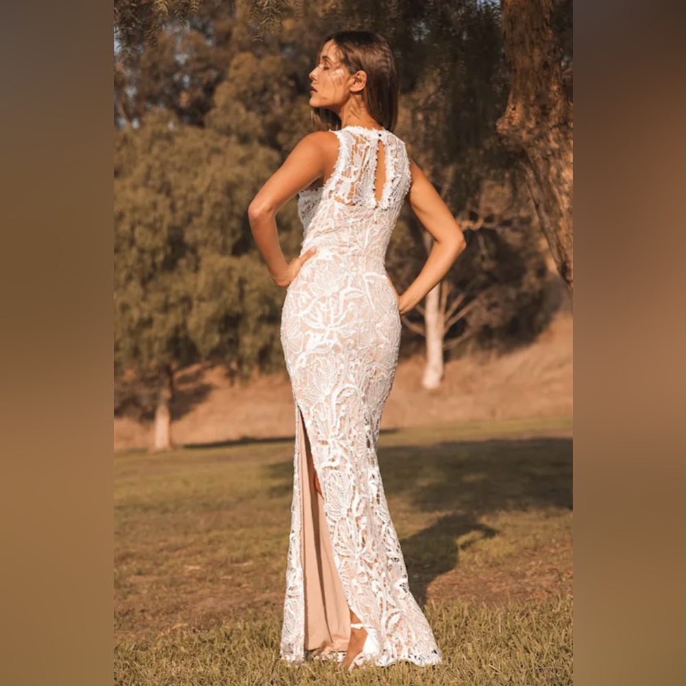 White Crochet Lace Mermaid Maxi Dress Large Boho Wedding Bridal Beach Gown - Picture 4 of 15